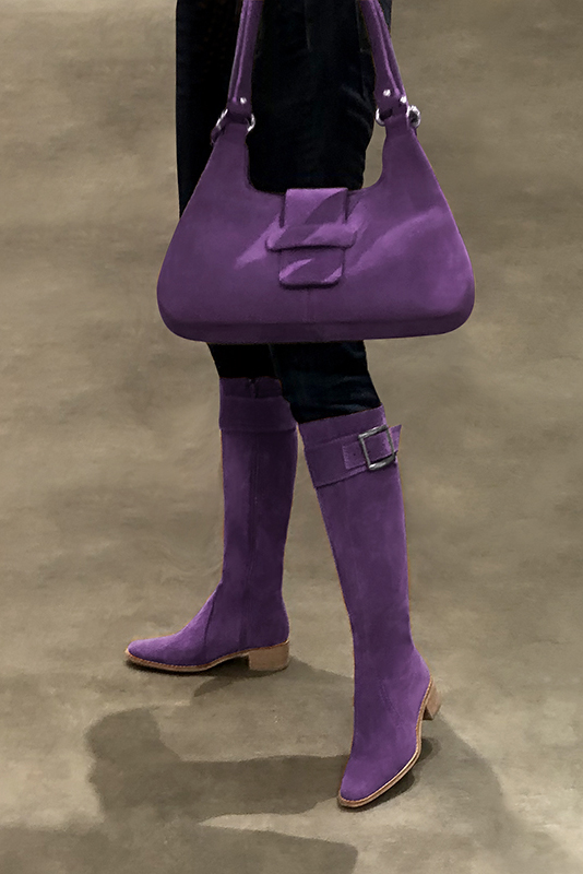 Amethyst purple women's calf bracelets, to wear over boots. Worn view - Florence KOOIJMAN